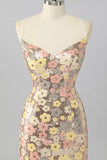 Yellow Floral Sequin Bodycon Mini Cocktail Dress