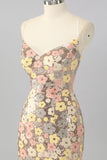 Yellow Floral Sequin Bodycon Mini Cocktail Dress