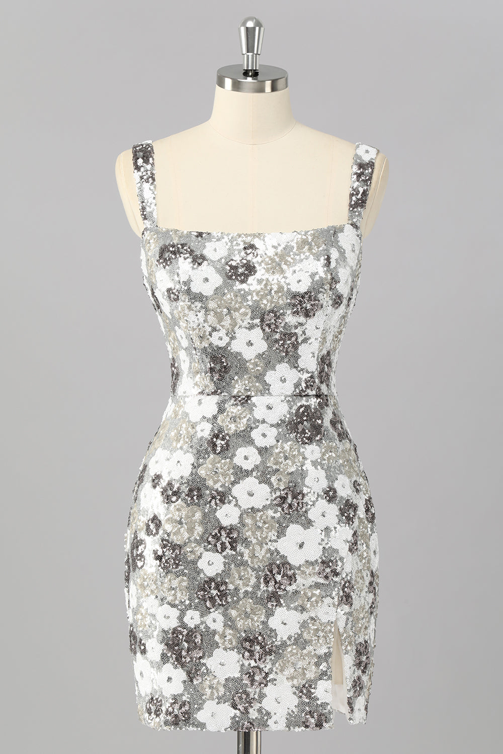 Sparkly Silver Floral Sequin Bodycon Mini Cocktail Dress with Slit