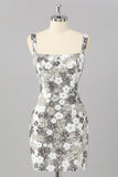 Sparkly Silver Floral Sequin Bodycon Mini Cocktail Dress with Slit