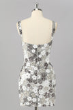 Sparkly Silver Floral Sequin Bodycon Mini Cocktail Dress with Slit