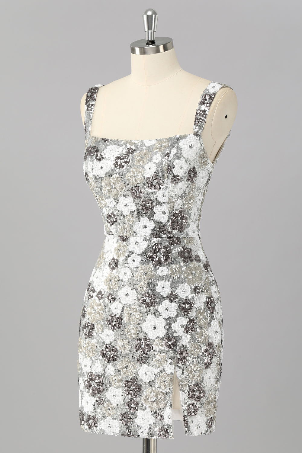 Sparkly Silver Floral Sequin Bodycon Mini Cocktail Dress with Slit