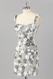 Sparkly Silver Floral Sequin Bodycon Mini Cocktail Dress with Slit
