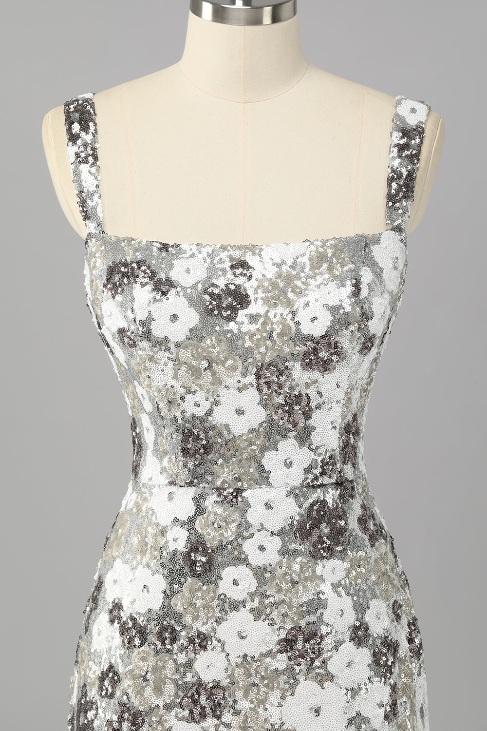 Sparkly Silver Floral Sequin Bodycon Mini Cocktail Dress with Slit