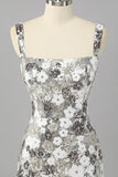 Sparkly Silver Floral Sequin Bodycon Mini Cocktail Dress with Slit