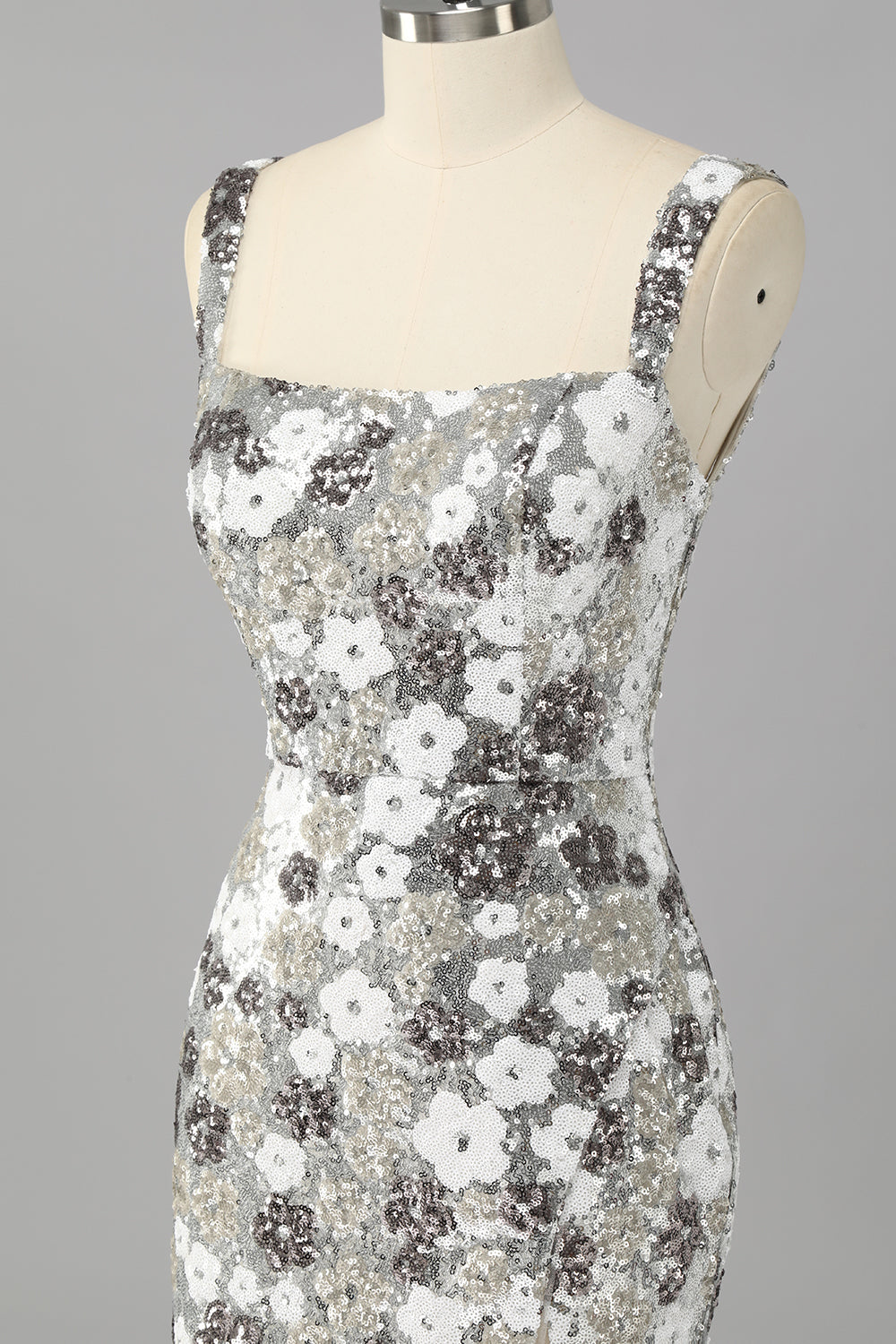 Sparkly Silver Floral Sequin Bodycon Mini Cocktail Dress with Slit