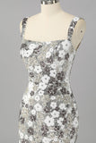 Sparkly Silver Floral Sequin Bodycon Mini Cocktail Dress with Slit