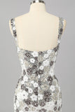 Sparkly Silver Floral Sequin Bodycon Mini Cocktail Dress with Slit