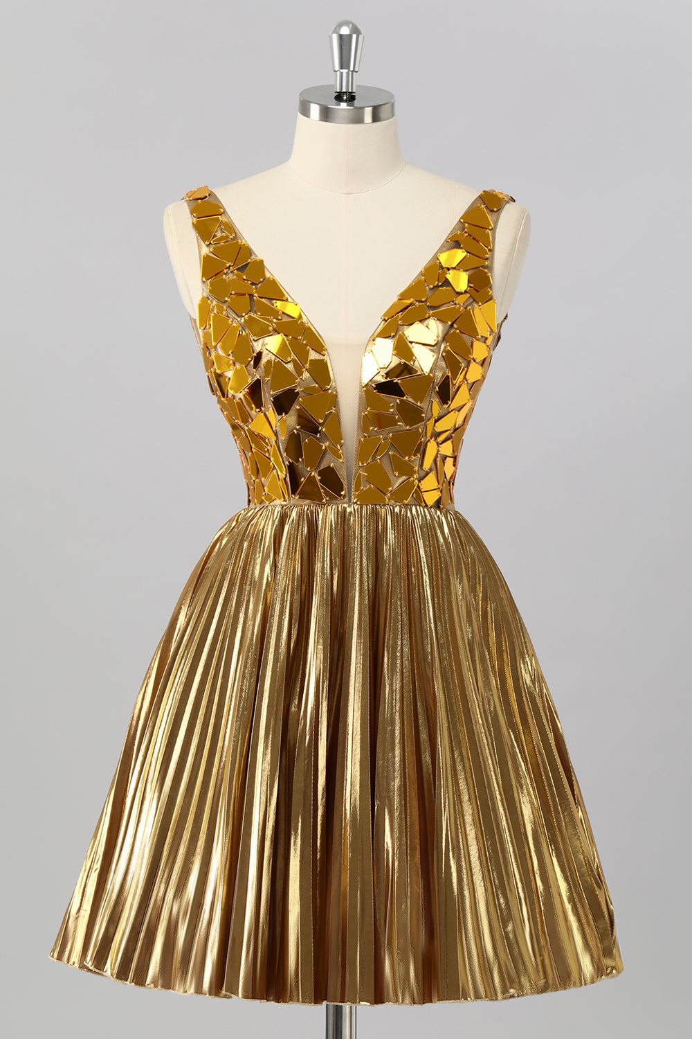 Golden Mirror Metallic A Line Short Prom Dress