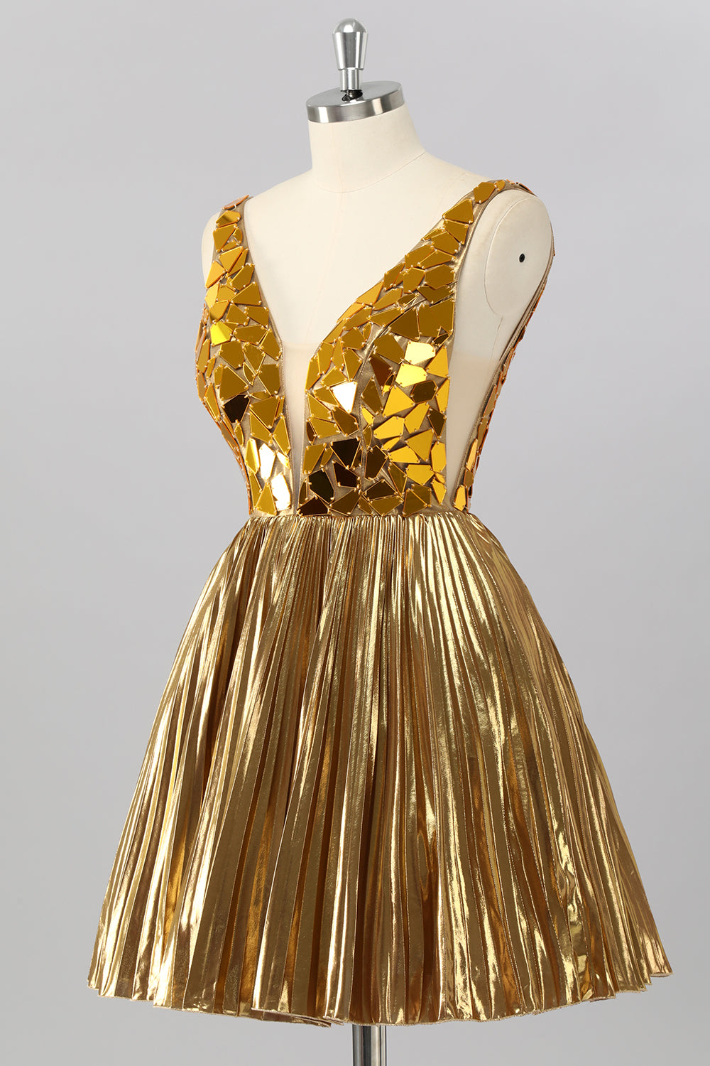 Golden Mirror Metallic A Line Short Prom Dress