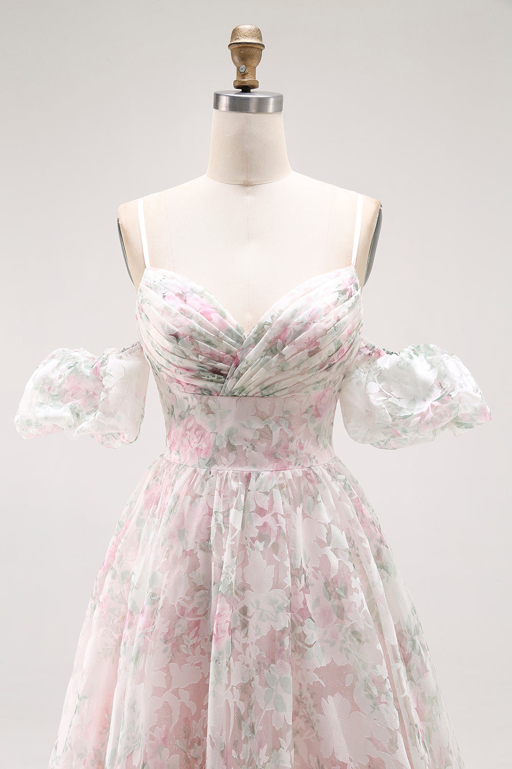 Cold Shoulder Blush Flower Printed A Line Long Prom Dress