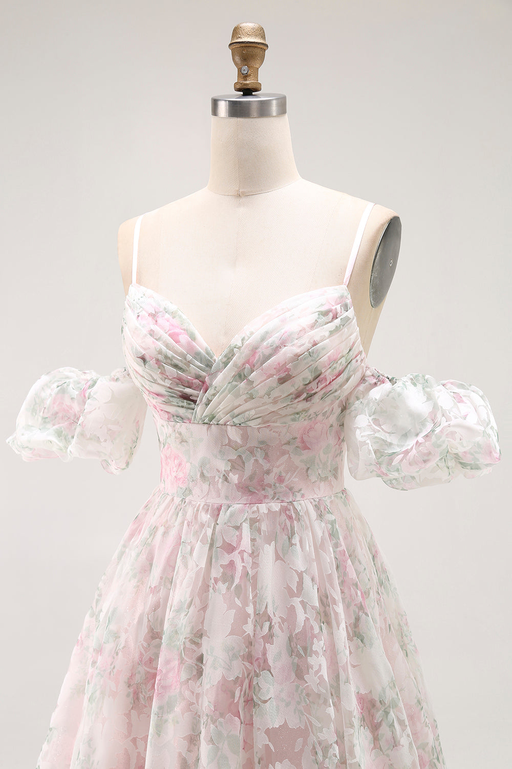 Cold Shoulder Blush Flower Printed A Line Long Prom Dress