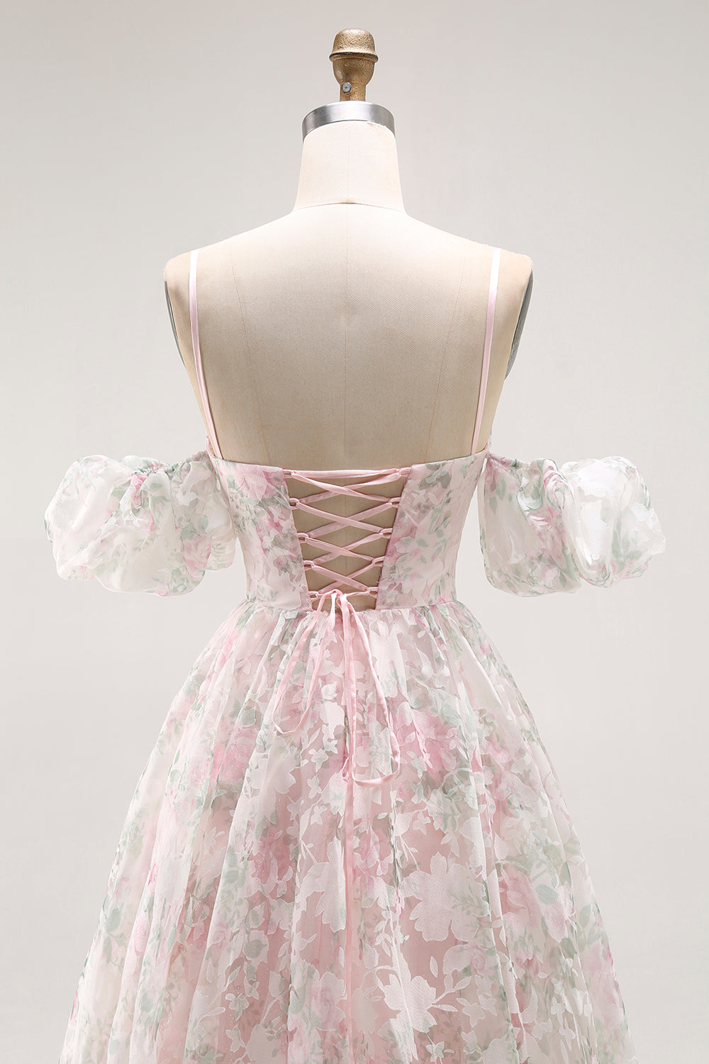 Cold Shoulder Blush Flower Printed A Line Long Prom Dress