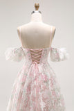 Cold Shoulder Blush Flower Printed A Line Long Prom Dress