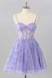 Purple A Line Spaghetti Straps Corset Sequin Cocktail Dress