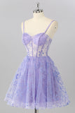Purple A Line Spaghetti Straps Corset Sequin Cocktail Dress