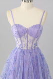 Purple A Line Spaghetti Straps Corset Sequin Cocktail Dress