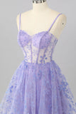 Purple A Line Spaghetti Straps Corset Sequin Cocktail Dress