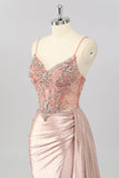 Blush Mermaid Spaghetti Straps Beaded Prom Dress with Side Streamer