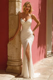 Ivory Mermaid Spaghetti Straps Ruched Long Wedding Dress with Slit