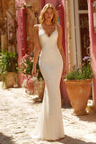 Mermaid Ivory V-Neck Long Wedding Dress with Appliques