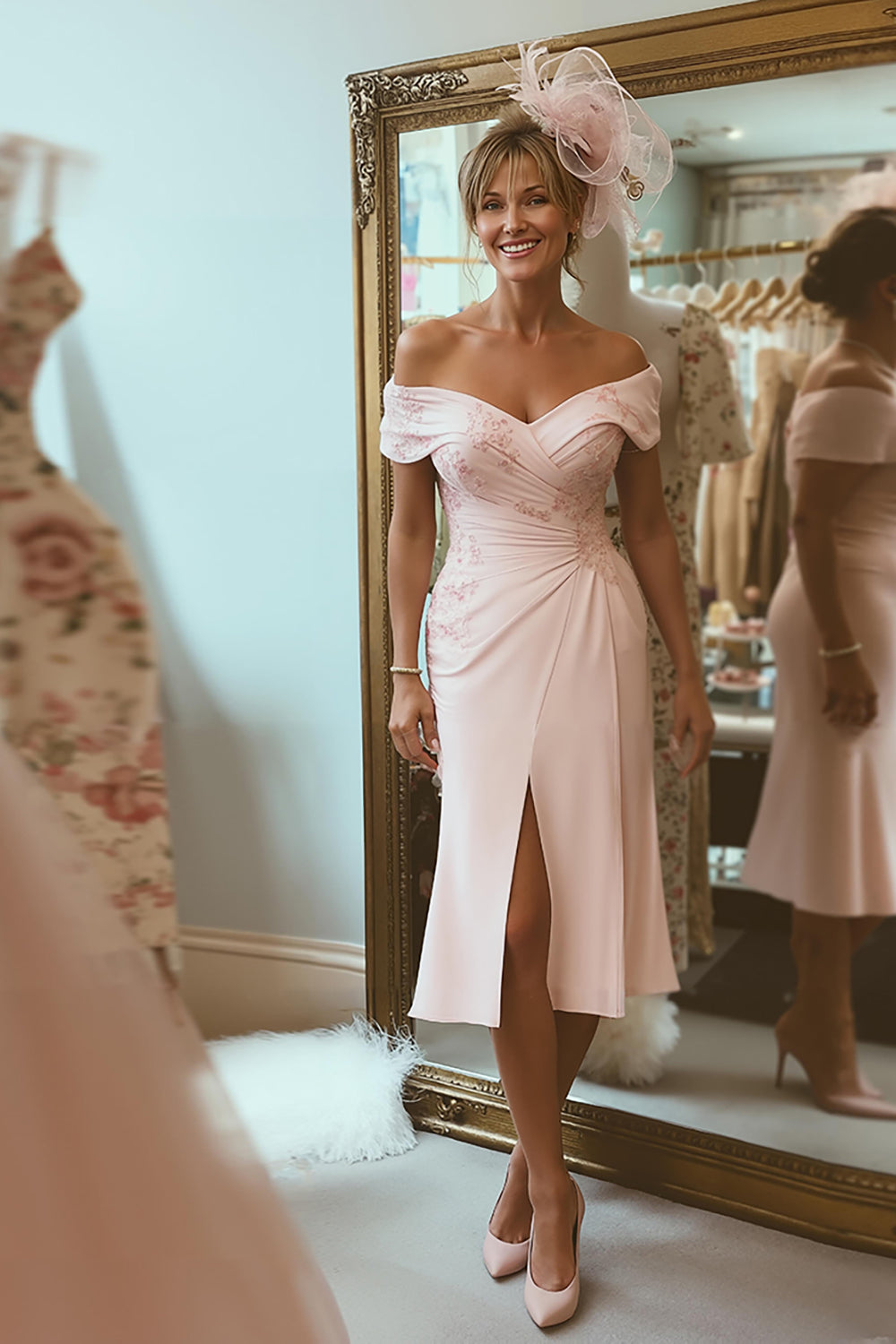 Blush Pink Sheath Off The Shoulder Mother Of The Bride Dress with Slit