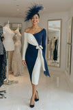 Black and White Long Sleeves Pencil Midi Mother Of The Bride Dress with Sash
