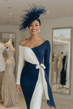Black and White Long Sleeves Pencil Midi Mother Of The Bride Dress with Sash