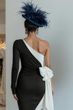 Black Bodycon One Shoulder Midi Mother Of The Bride Dress with Bow