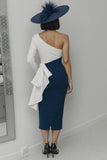 Black and White One Shoulder Bodycon Long Mother Of The Bride Dress with Sash