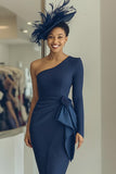 White Navy One Shoulder Bodycon Midi Mother Of The Bride Dress with Sash