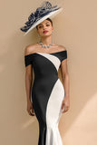 Black and White Satin Mermaid Off the Shoulder Long Mother of the Bride Dress