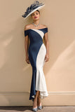 Black and White Satin Mermaid Off the Shoulder Long Mother of the Bride Dress