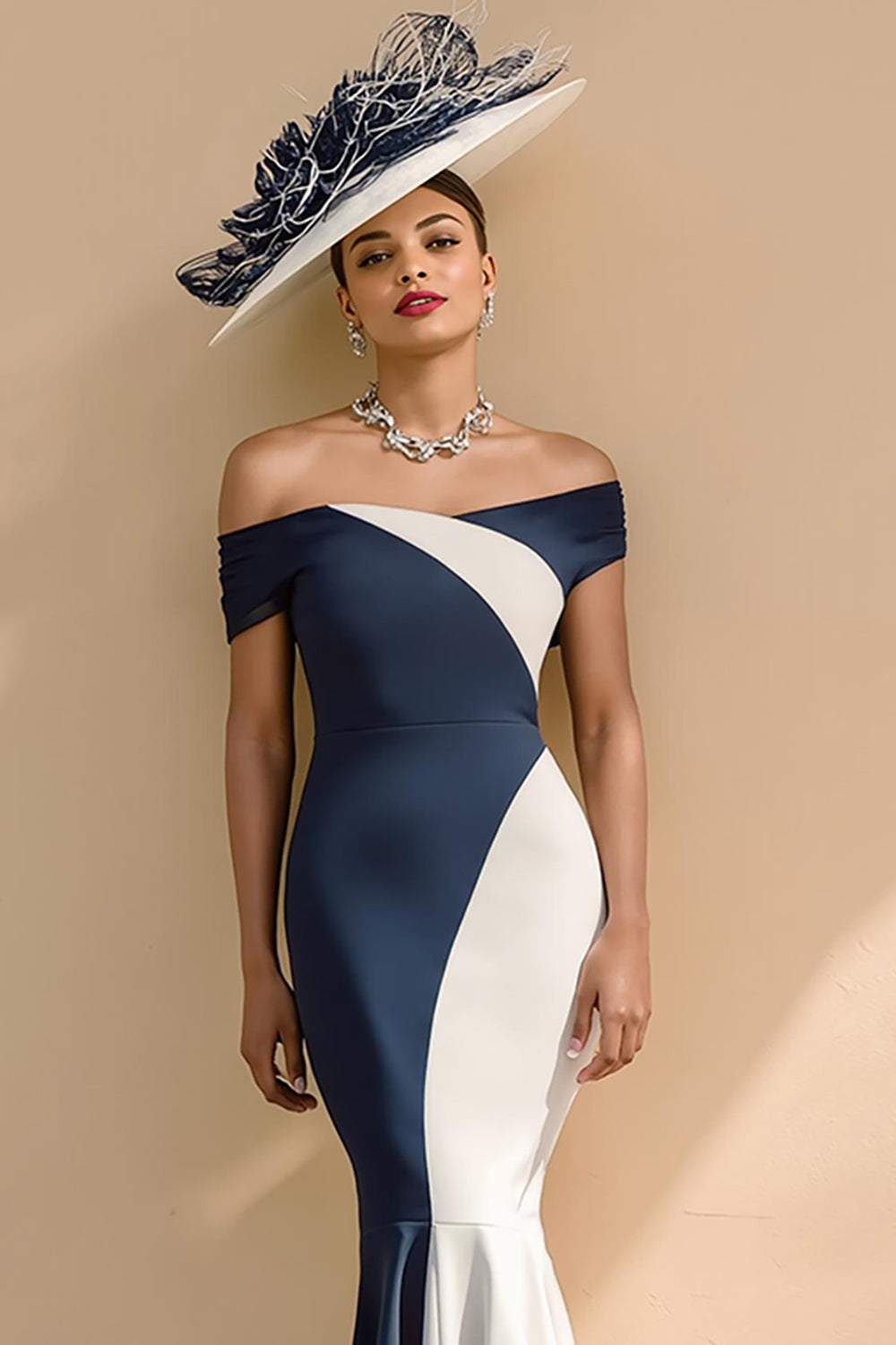 Black and White Satin Mermaid Off the Shoulder Long Mother of the Bride Dress