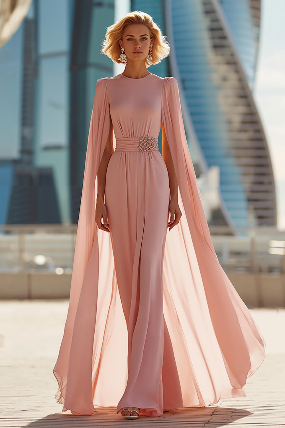 Blush Pink Sheath Round Neck Long Mother Of The Bride Dress
