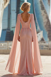 Blush Pink Sheath Round Neck Long Mother Of The Bride Dress