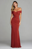 Terracotta Sheath Off the Shoudler Ruched Long Formal Dress
