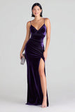 Purple Velvet Sheath Spaghetti Straps Long Formal Dress with Slit
