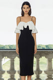Bodycon Cold Shoulder Ruffled Black and White Midi Formal Dress