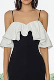 Bodycon Cold Shoulder Ruffled Black and White Midi Formal Dress