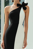Black and White One Shoulder Bodycon Midi Formal Dress with Bow