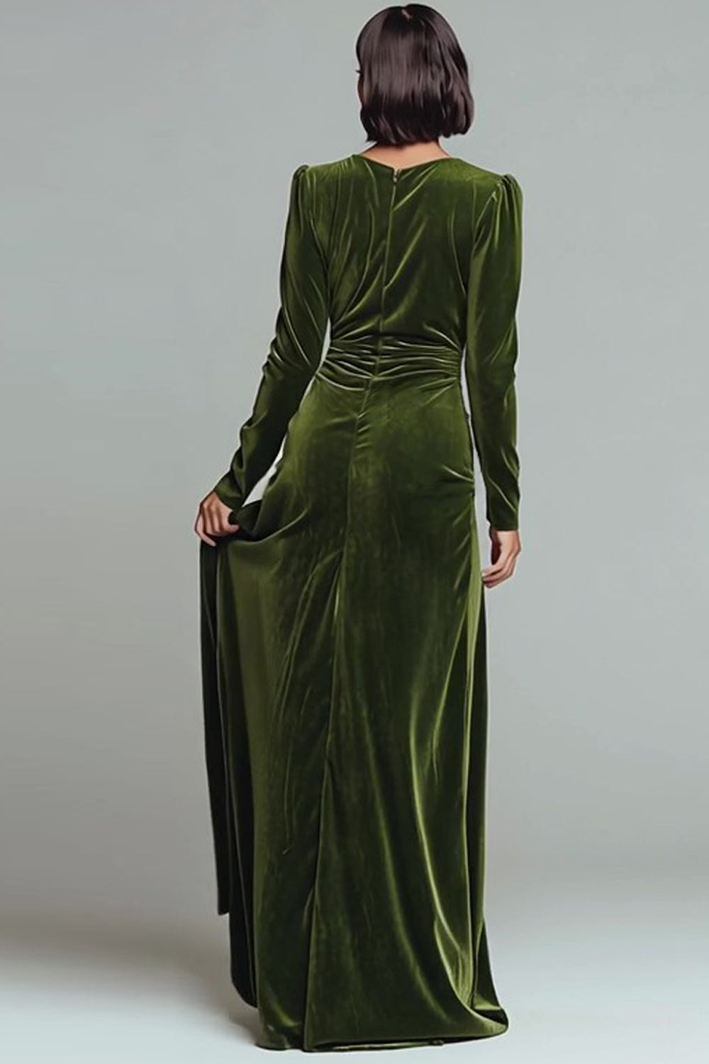 Olive V Neck Velvet Ruched Long Formal Dress with Slit