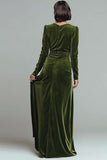 Olive V Neck Velvet Ruched Long Formal Dress with Slit
