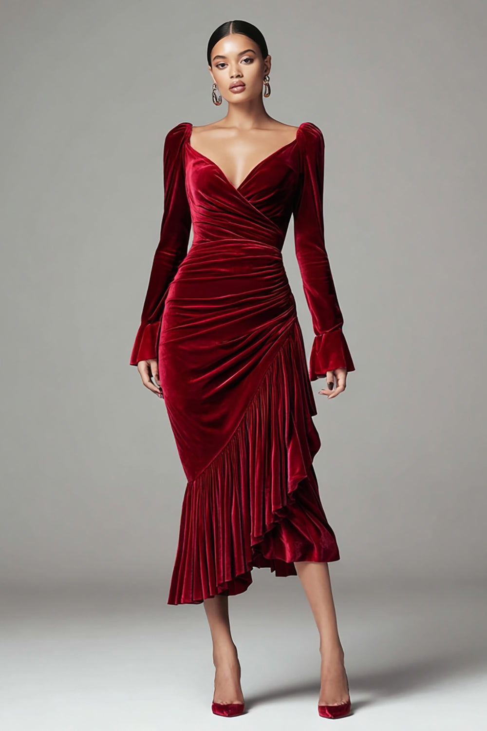 Velvet Mermaid Burgundy Long Sleeve Ruffled Midi Formal Dress