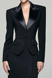 Black 2 Piece Peak Lapel Work Dress with Slit