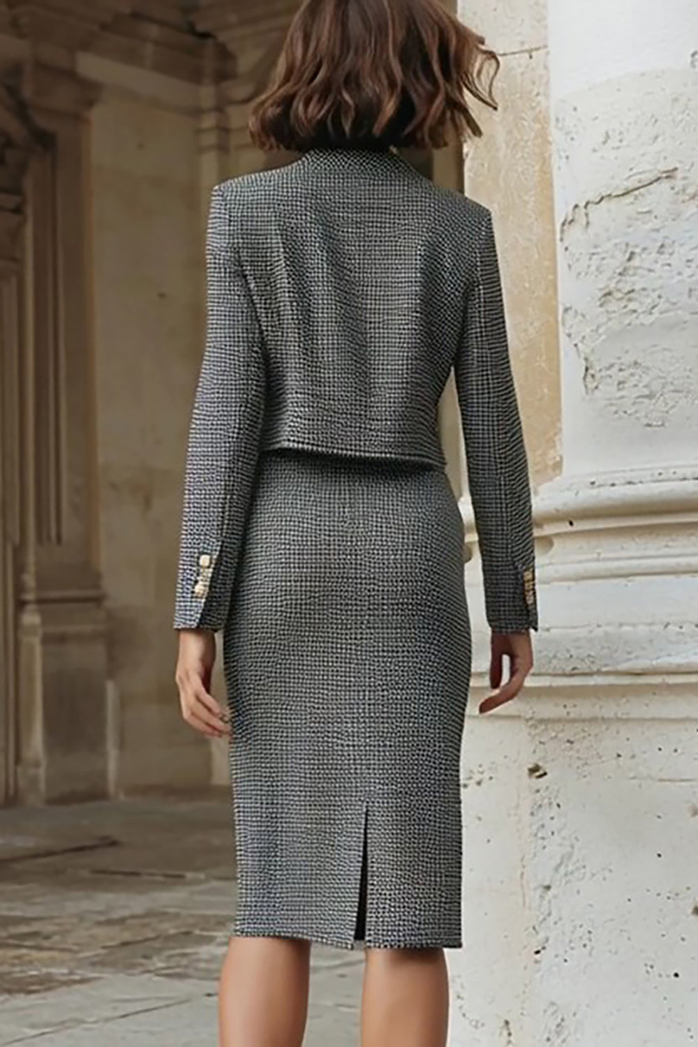 2 Piece Grey Tweed Pencil Single Breasted Work Dress