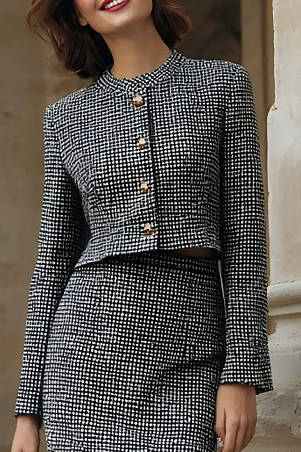 2 Piece Grey Tweed Pencil Single Breasted Work Dress