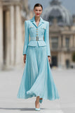 Light Blue 2 Piece A Line Notched Lapel Pleated Work Dress