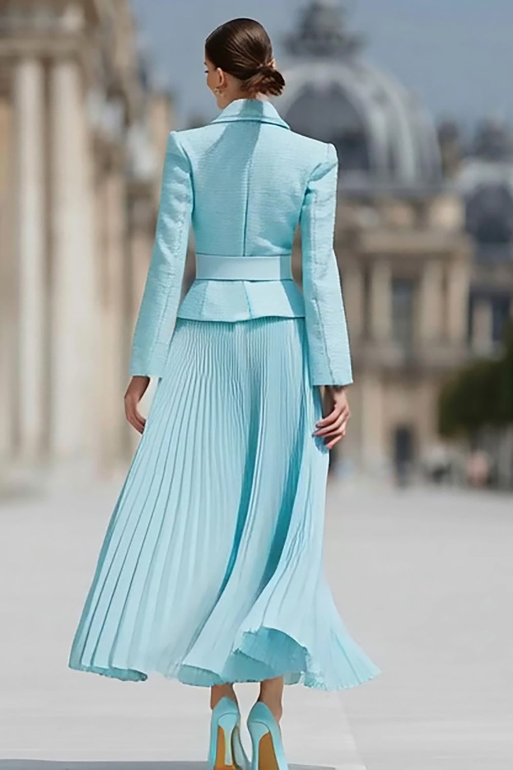 Light Blue 2 Piece A Line Notched Lapel Pleated Work Dress