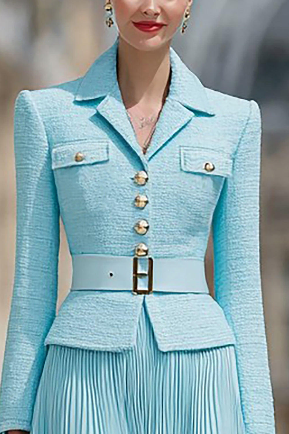 Light Blue 2 Piece A Line Notched Lapel Pleated Work Dress